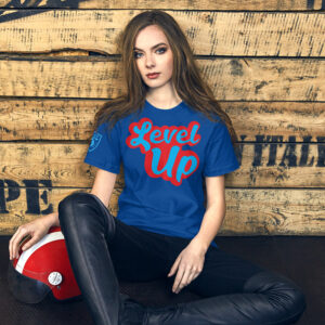 Sassy woman in a BICP Level Up retro tee in royal